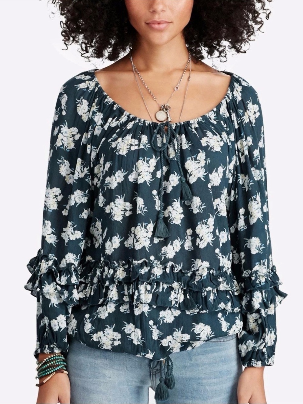 RL BOHO Denim & Supply Ralph Lauren Blue Floral Cottage Peasant Blouse Top
